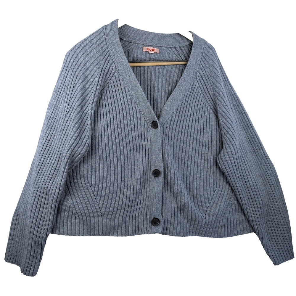 Evri Cardigan 3X Ribbed Gray Cozy Casual Button up Cropped Cable Knit V-Neck
